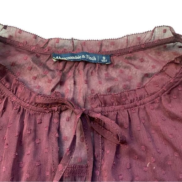 Abercrombie Burgundy Dotted Ruffle Tie Neck Long Sleeve Blouse - Picture 4 of 7